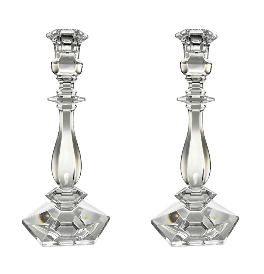 Vintage 10" Pair Val Saint-Lambert Lafayette Multi-Sided Crystal Candlesticks
